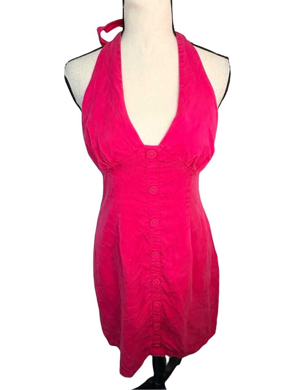 MINKPINK Sierra Hot Pink Halter Mini Dress Button Front Y2K Medium